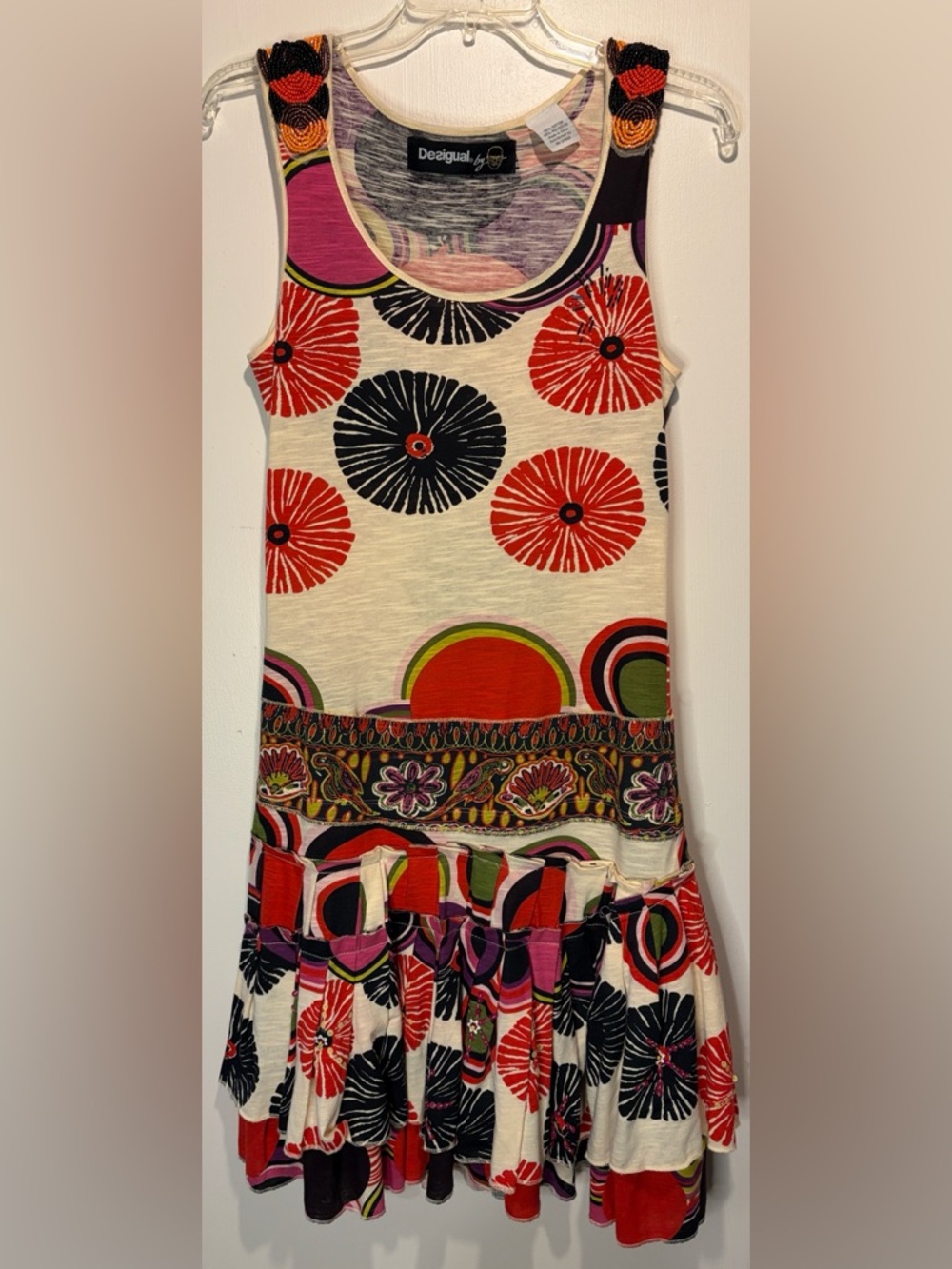 Desigual by Lacroix Beaded Mod Dropwaist Psychedelic Retro Artsy Dress Size M